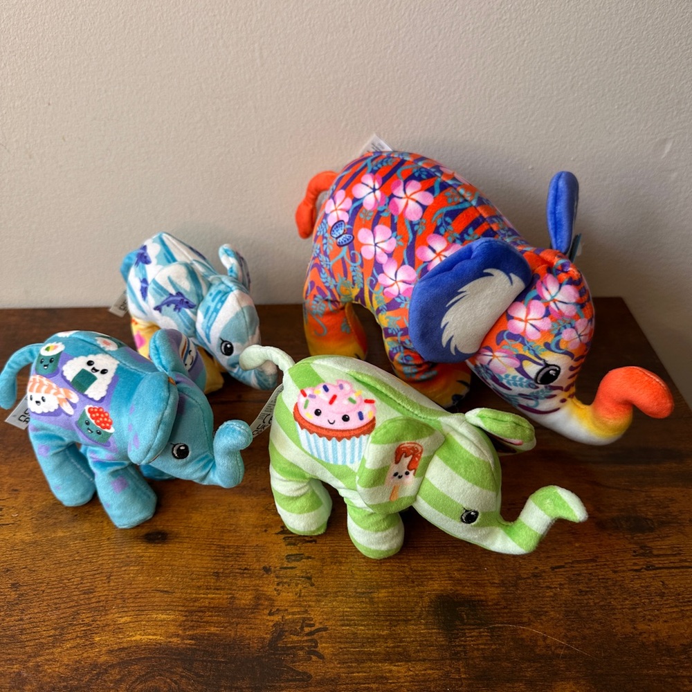 Pop Art Soft Elephant Plush‎ Lot of 4 - Sushi, Cupcake, Floral - Cepia Toys